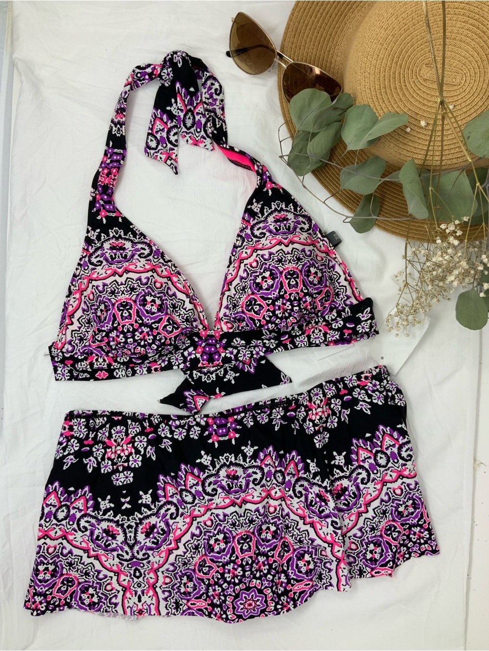 Kenneth Cole Reaction Black Pink & Purple Printed Halter Bikini with Skirt